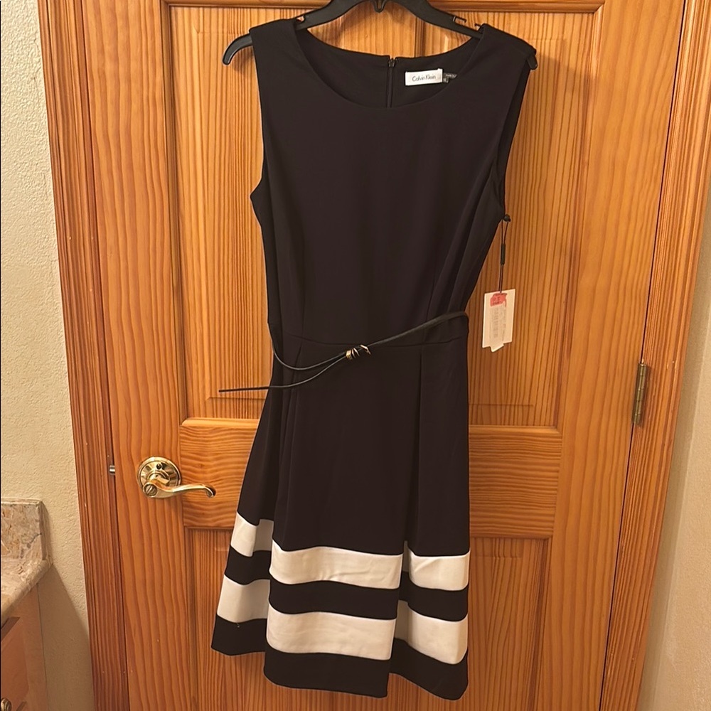 Calvin Klein Black and White Fit and Flare Midi Dress